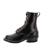 Eight inch tall black leather boot with brown backstay with a rubber sole.