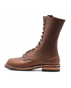 10 inch tall brown boot.  Brass eyelets and hooks.  No pull loop.  Vibram rubber sole.