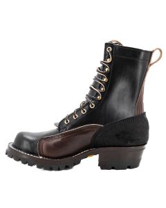 Eight inch tall black leather boot with rubber sole.