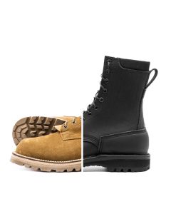 Photo depicting leather options for a tactical boot.  Coyote tan roughout leather and black smooth leather.  8 inches tall.  Tan and black sole.