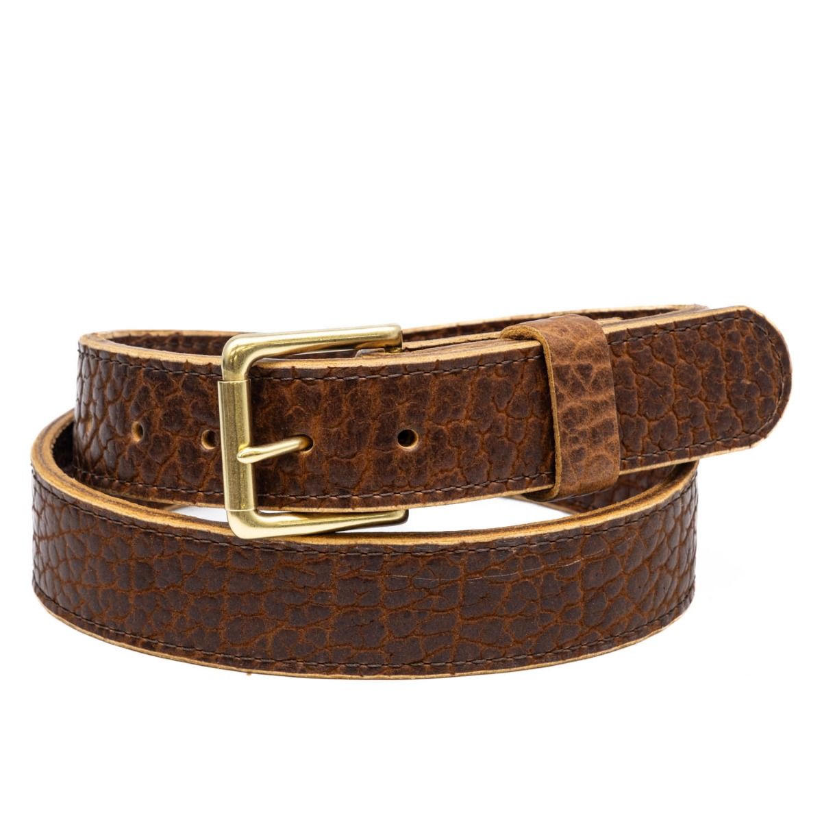 Bison Ruggedness: Brown Shrunken Bison Leather Belt with Brass Hardware