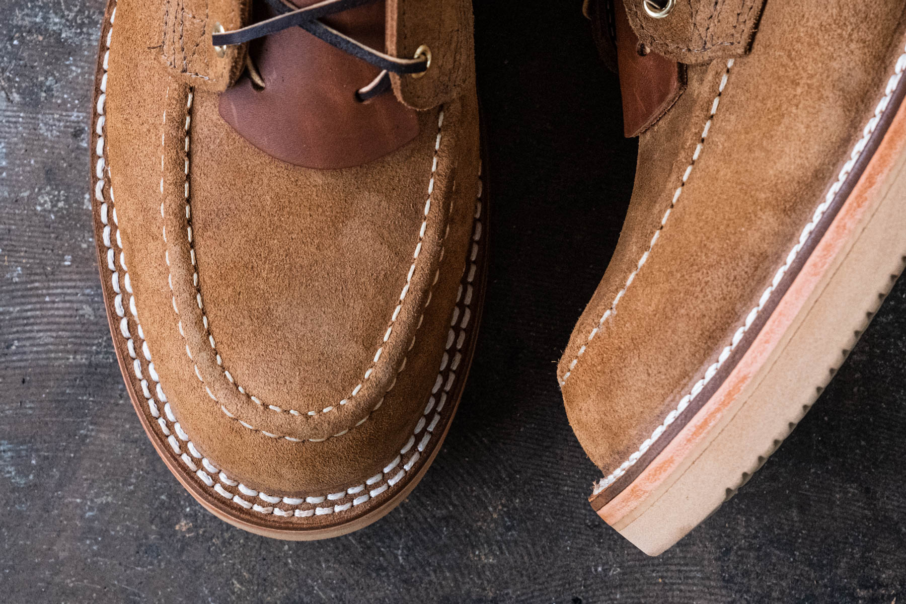 Nicks 1964 brown roughout boot with a moc toe. Nicks moc toe is built to last