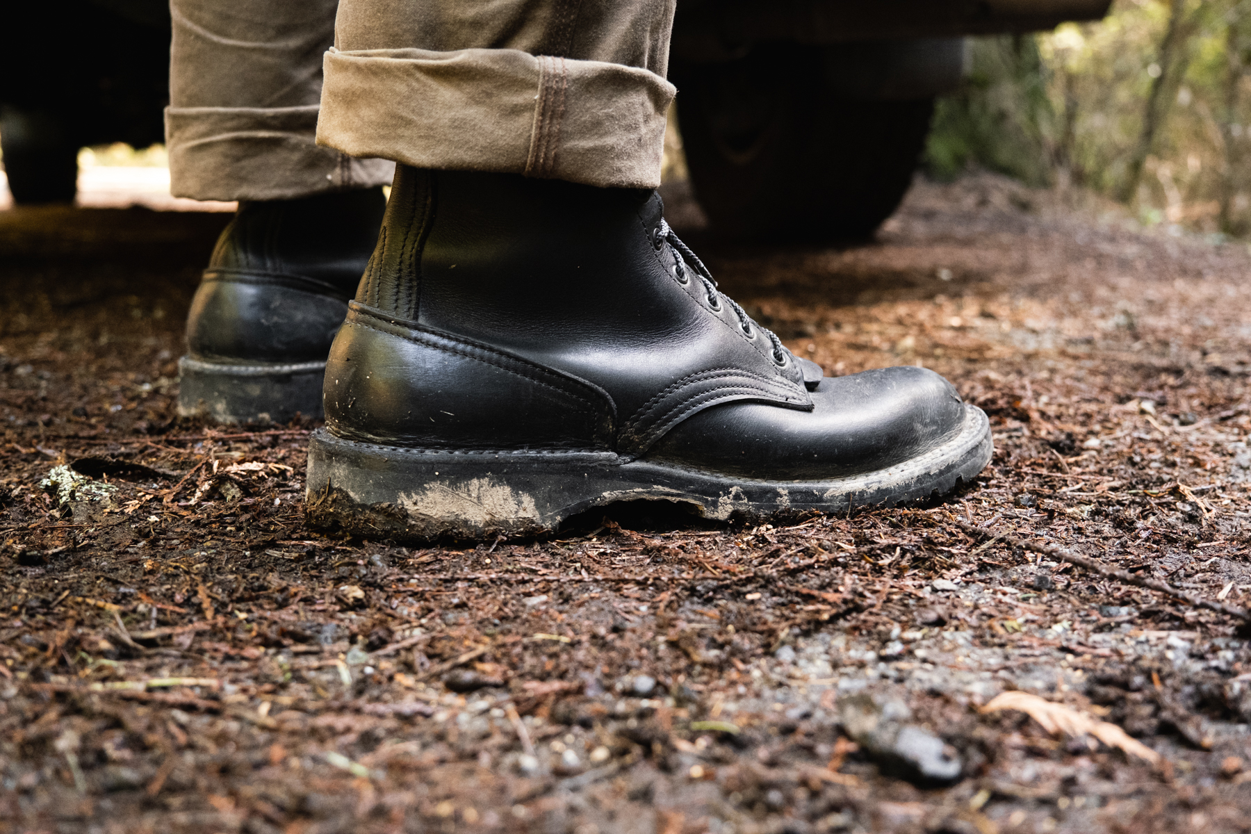Nicks Tactical Boot in 1964 black smooth hiking in woods