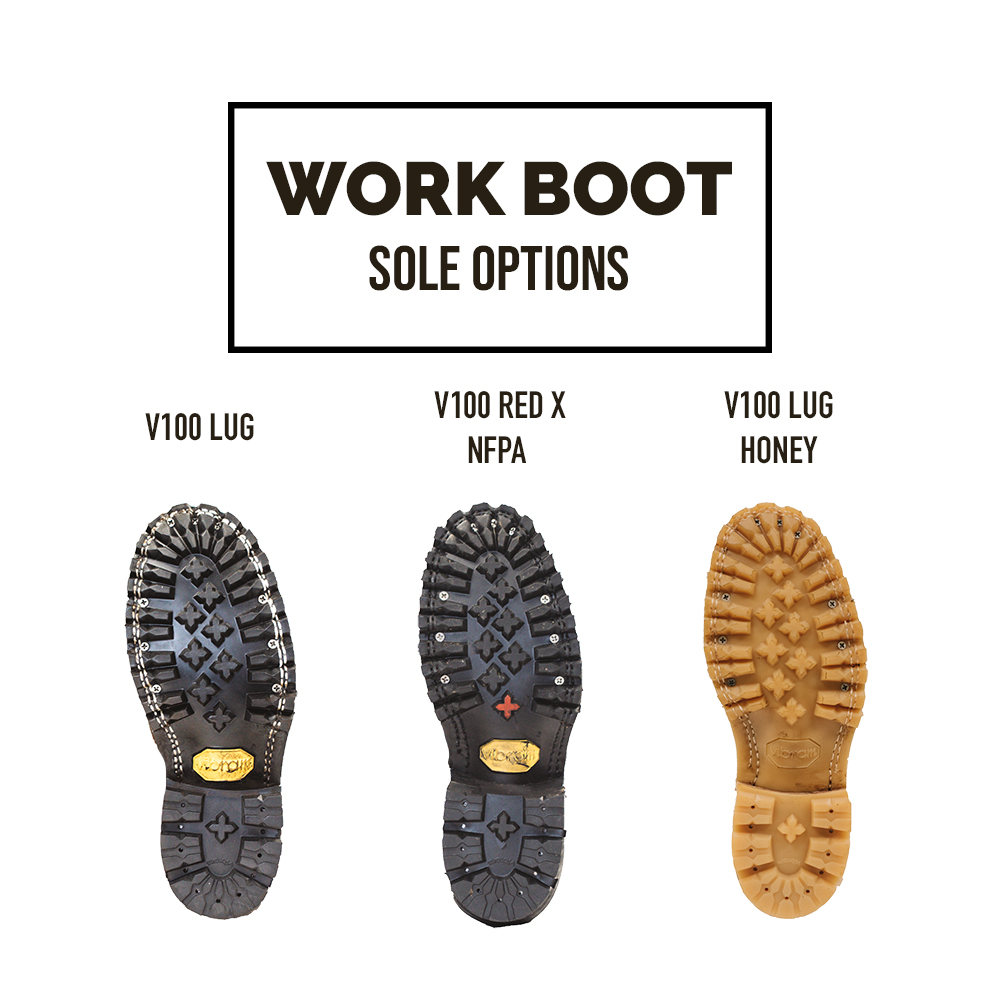 Nicks work boot sole options feature three vibram lug styles